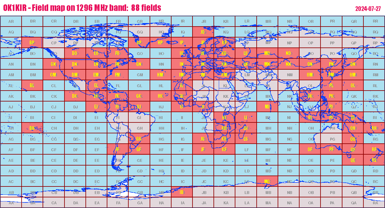 World map: OK1KIR - Field map on 1296 MHz band:  88 fields