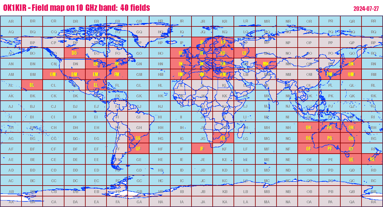 World map: OK1KIR - Field map on 10 GHz band:  40 fields