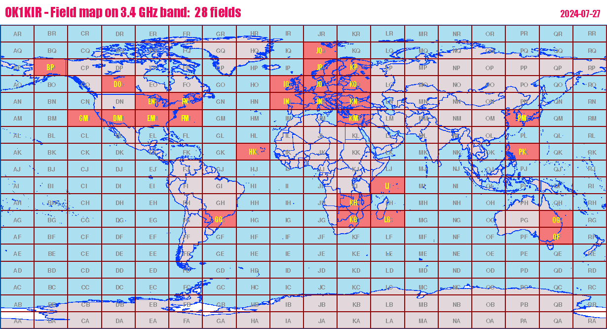World map: OK1KIR - Field map on 3.4 GHz band:  28 fields