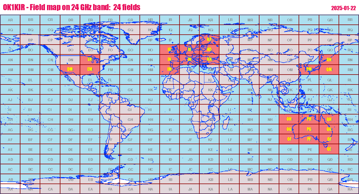 World map: OK1KIR - Field map on 24 GHz band:  24 fields