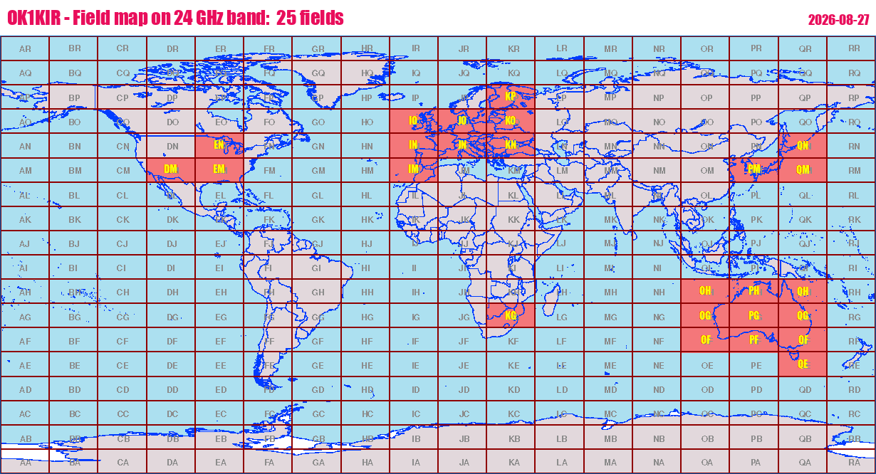 World map: OK1KIR - Field map on 24 GHz band:  25 fields
