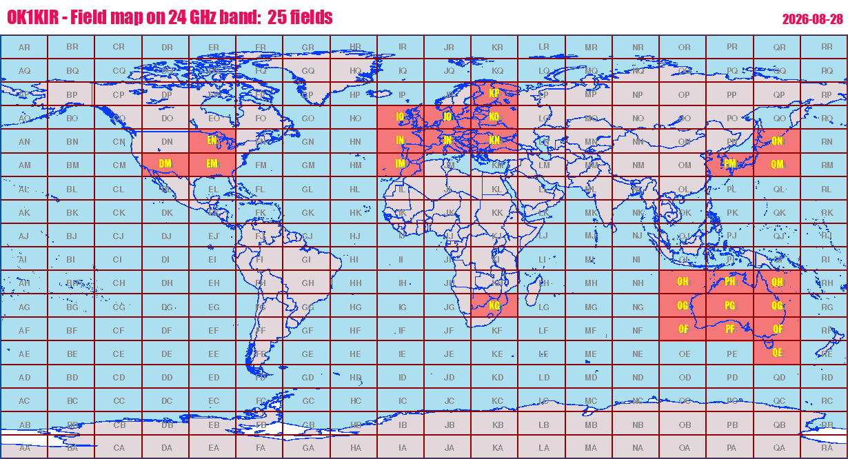 World map: OK1KIR - Field map on 24 GHz band:  25 fields