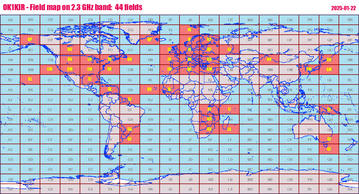 World map: OK1KIR - Field map on 2.3 GHz band:  44 fields