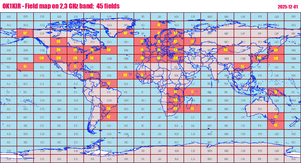 World map: OK1KIR - Field map on 2,3 GHz band:  45 fields