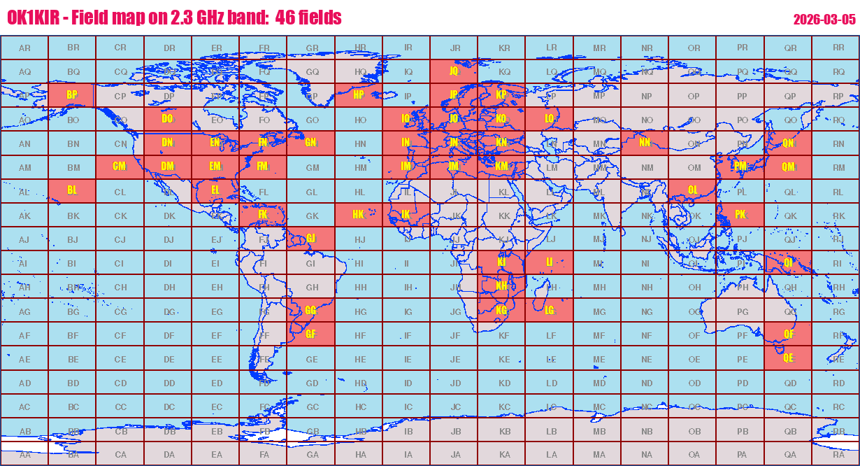 World map: OK1KIR - Field map on 2.3 GHz band:  46 fields
