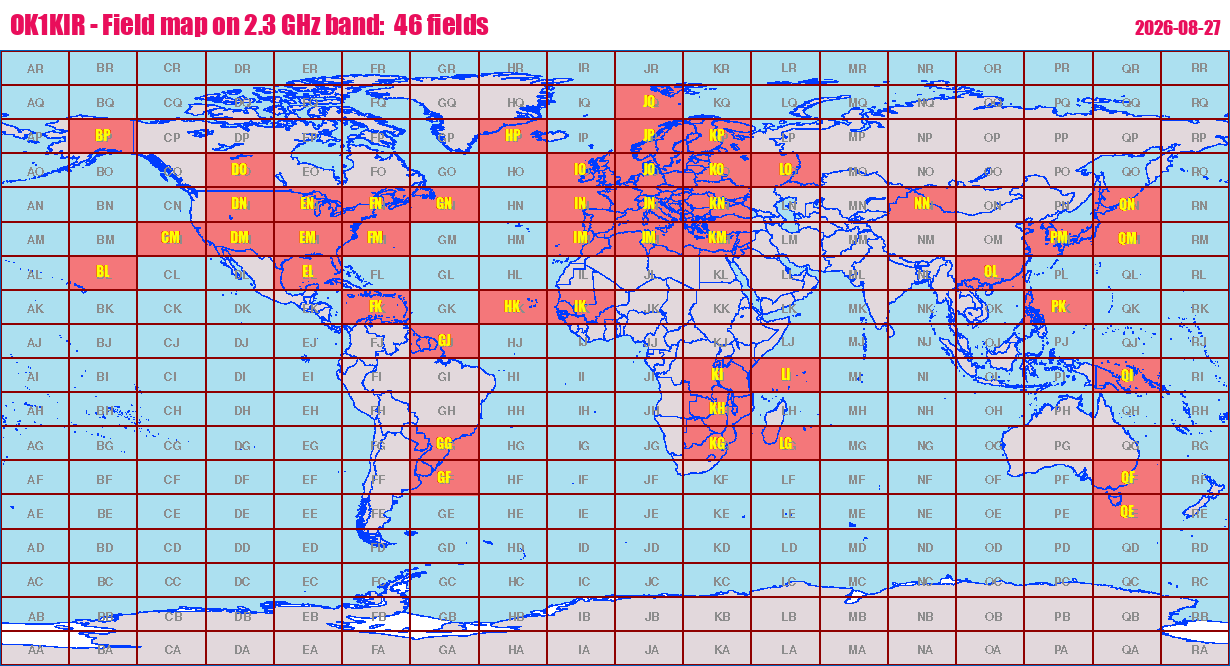 World map: OK1KIR - Field map on 2.3 GHz band:  46 fields