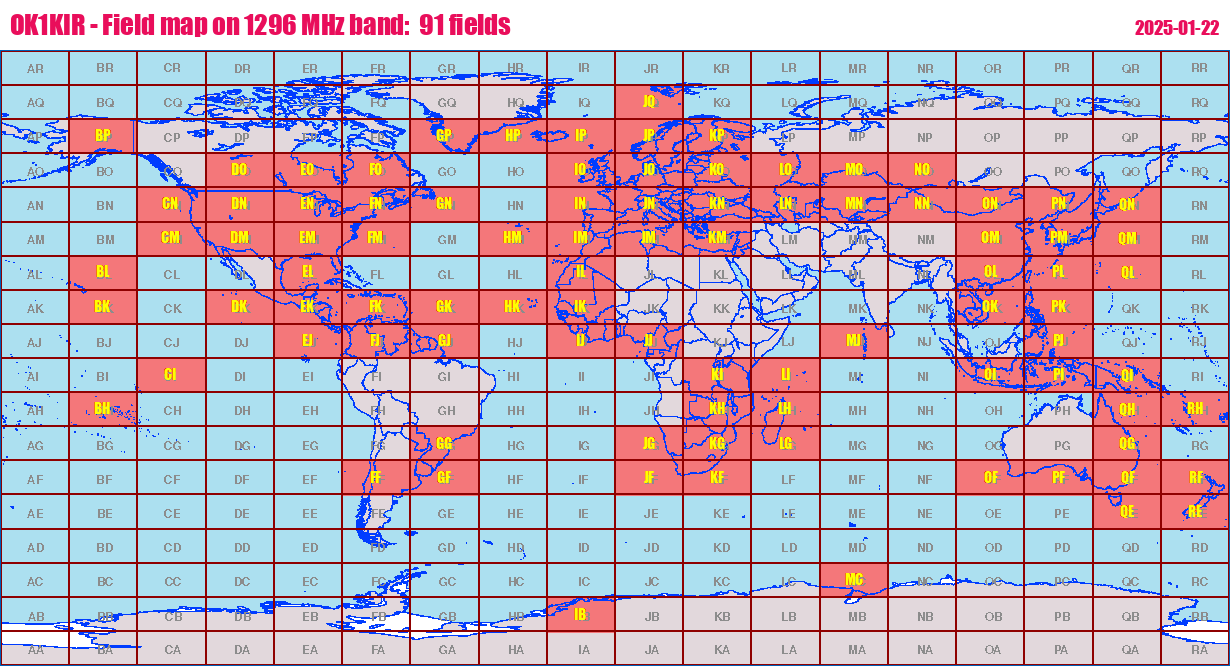 World map: OK1KIR - Field map on 1296 MHz band:  91 fields