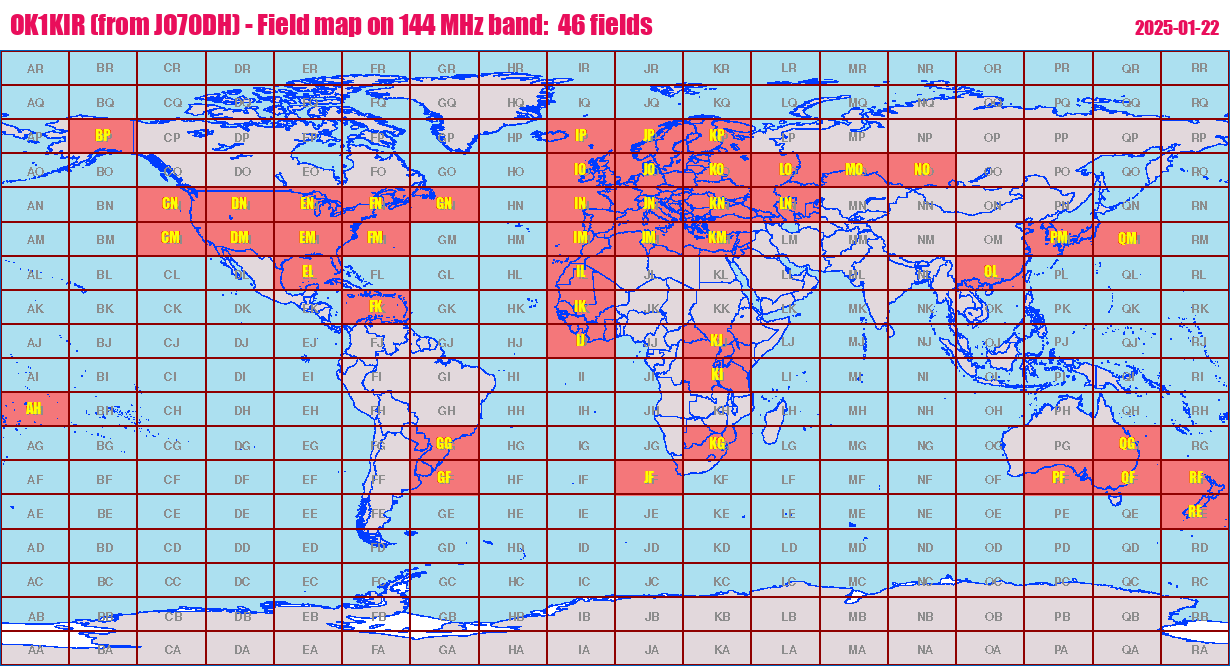 World map: OK1KIR (from JO70DH) - Field map on 144 MHz band:  46 fields