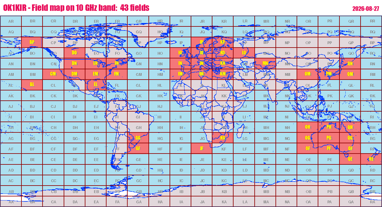 World map: OK1KIR - Field map on 10 GHz band:  43 fields