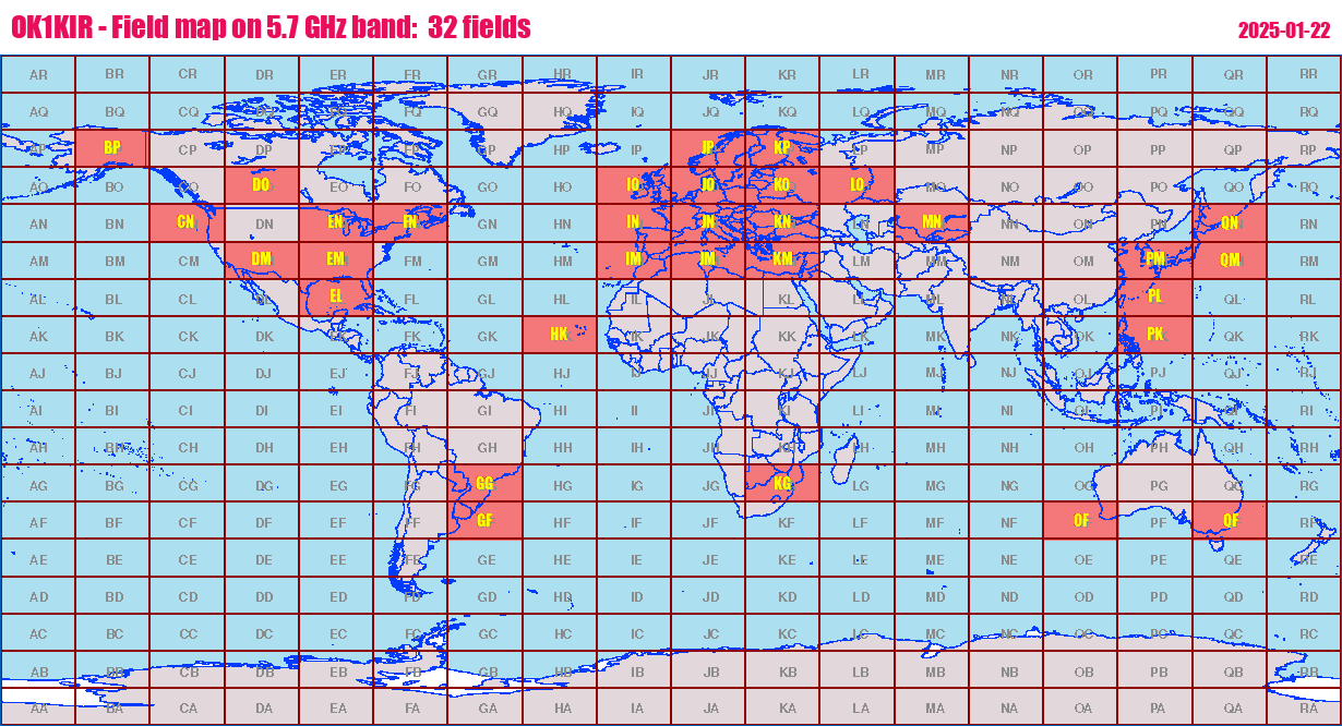 World map: OK1KIR - Field map on 5.7 GHz band:  32 fields