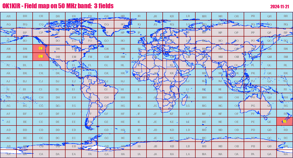 World map: OK1KIR - Field map on 50 MHz band:  3 fields