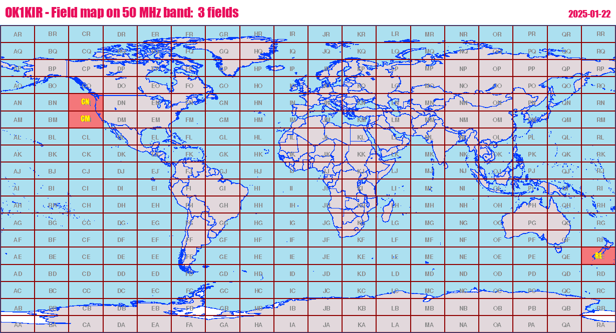 World map: OK1KIR - Field map on 50 MHz band:  3 fields