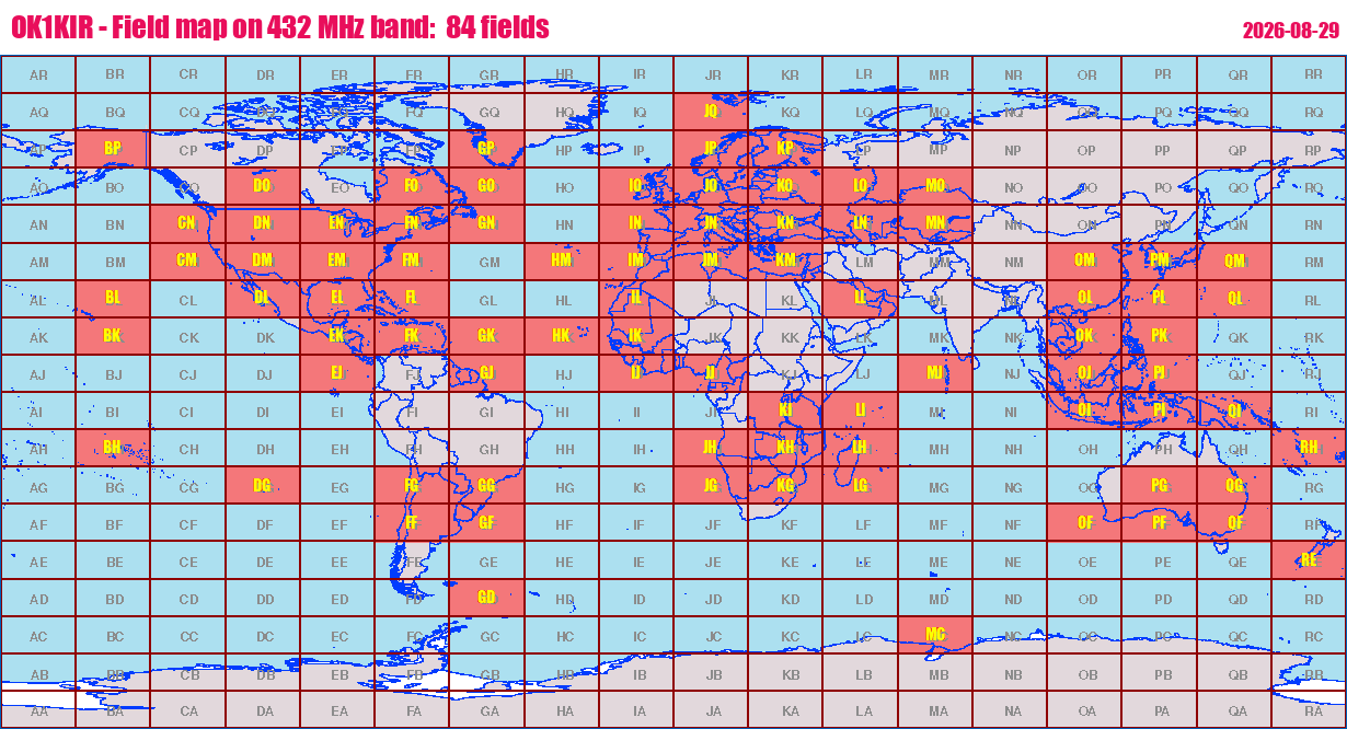World map: OK1KIR - Field map on 432 MHz band:  84 fields