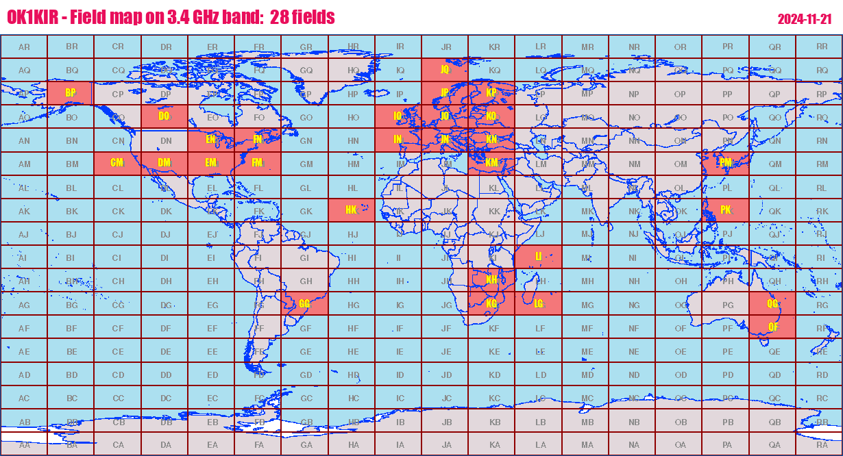 World map: OK1KIR - Field map on 3.4 GHz band:  28 fields