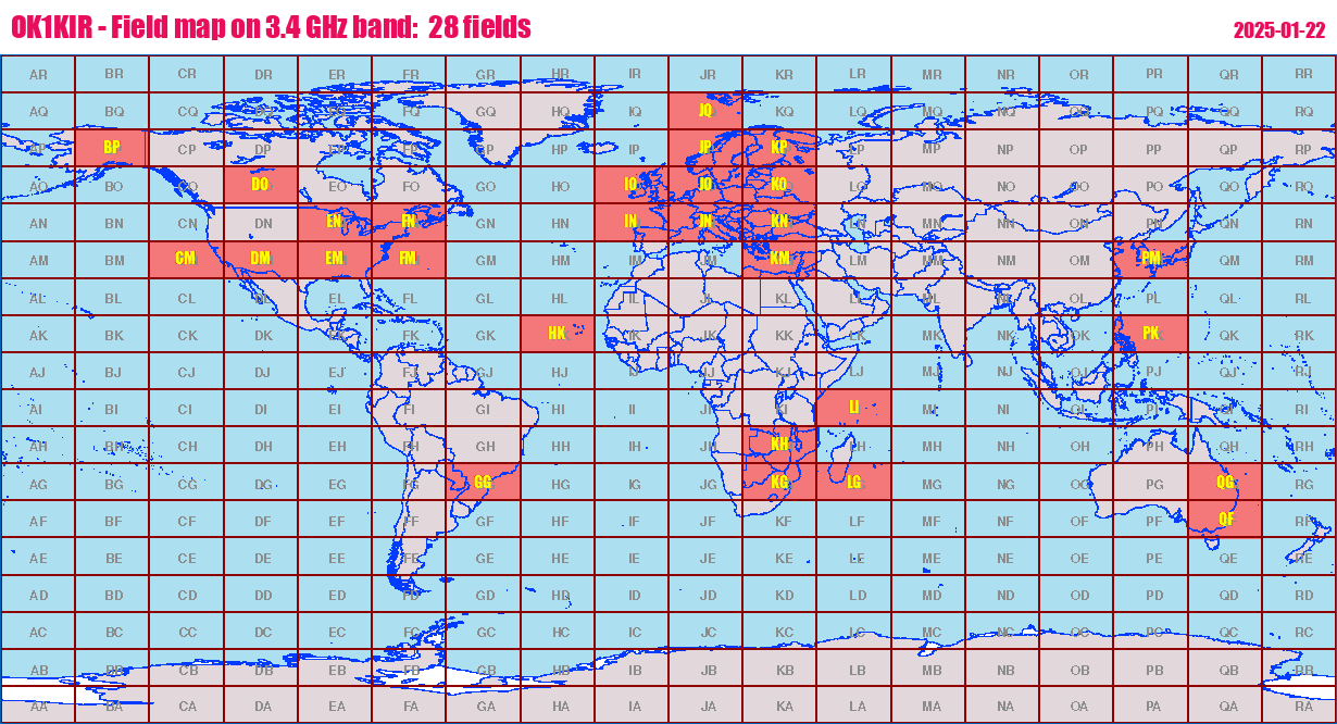 World map: OK1KIR - Field map on 3.4 GHz band:  28 fields