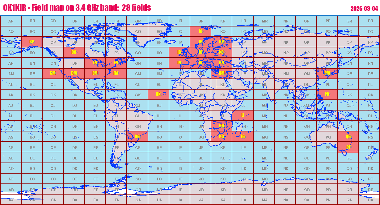 World map: OK1KIR - Field map on 3.4 GHz band:  28 fields